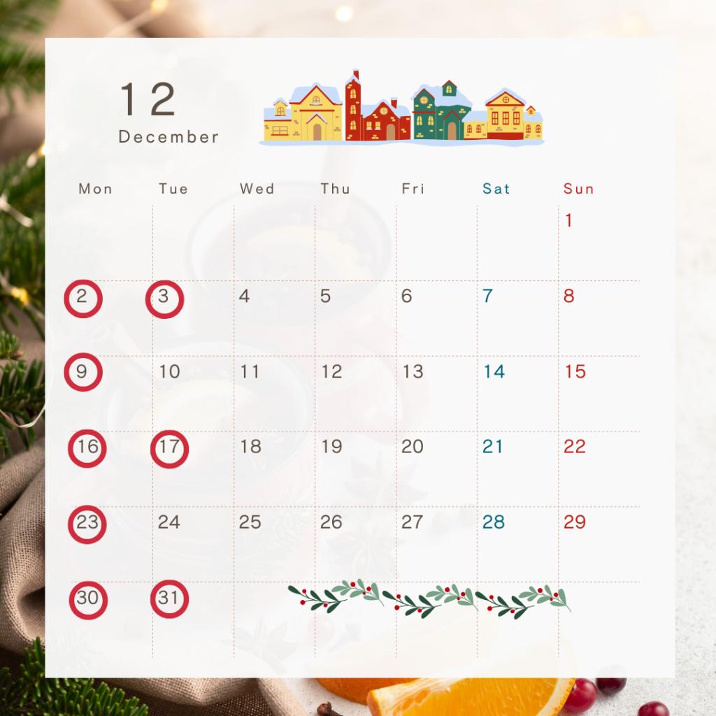１２月定休日のお知らせ🎄
